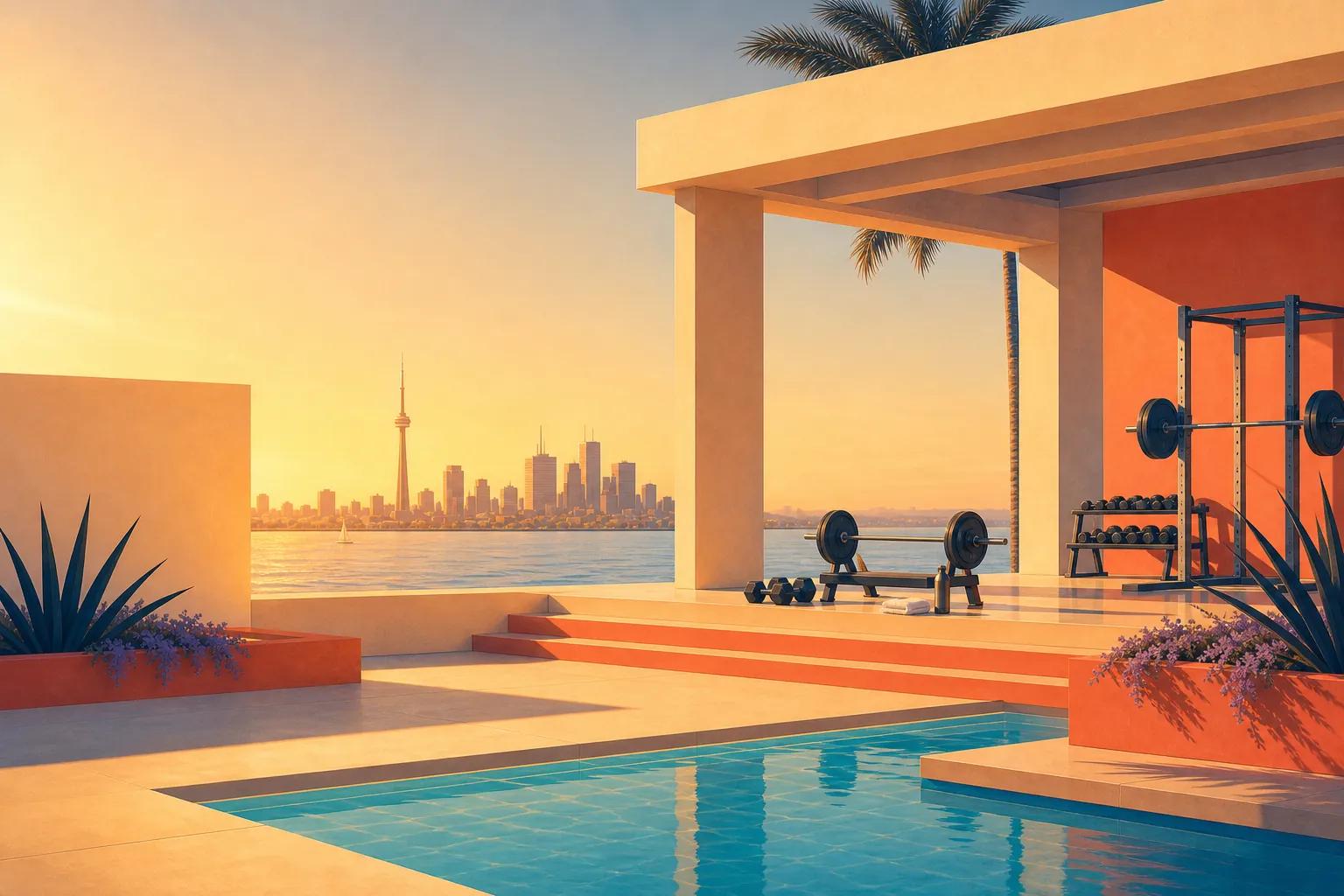Illustration of an open waterfront training pavilion at sunset overlooking Toronto